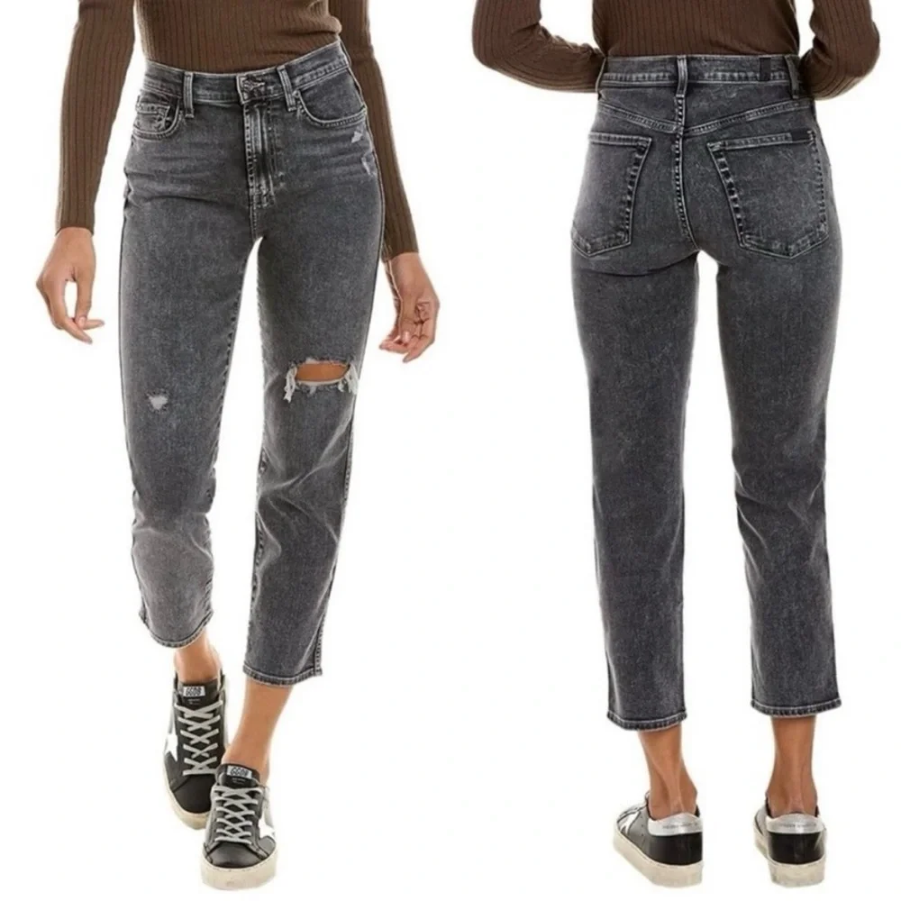 7 For All Mankind High Waist Cropped Straight Jeans Womens 26 Faded Black Ripped - Picture 3 of 15